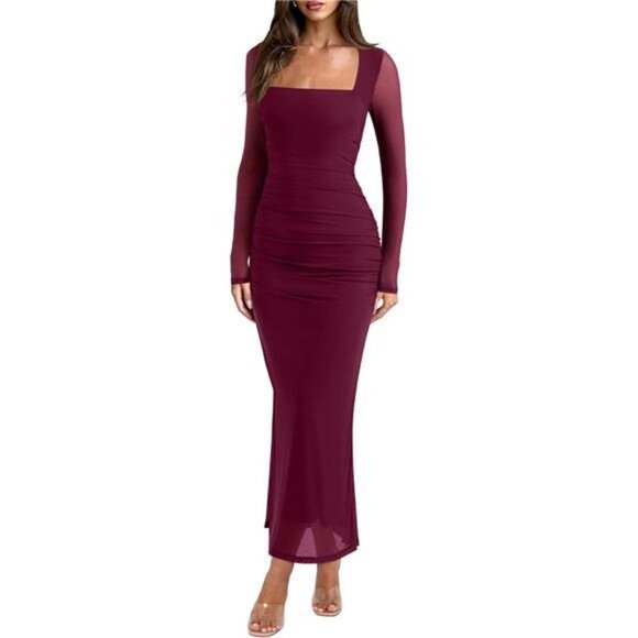 Long Sleeve Sheer Mesh Square Neck Long Dress Burgundy - Picture 1 of 6
